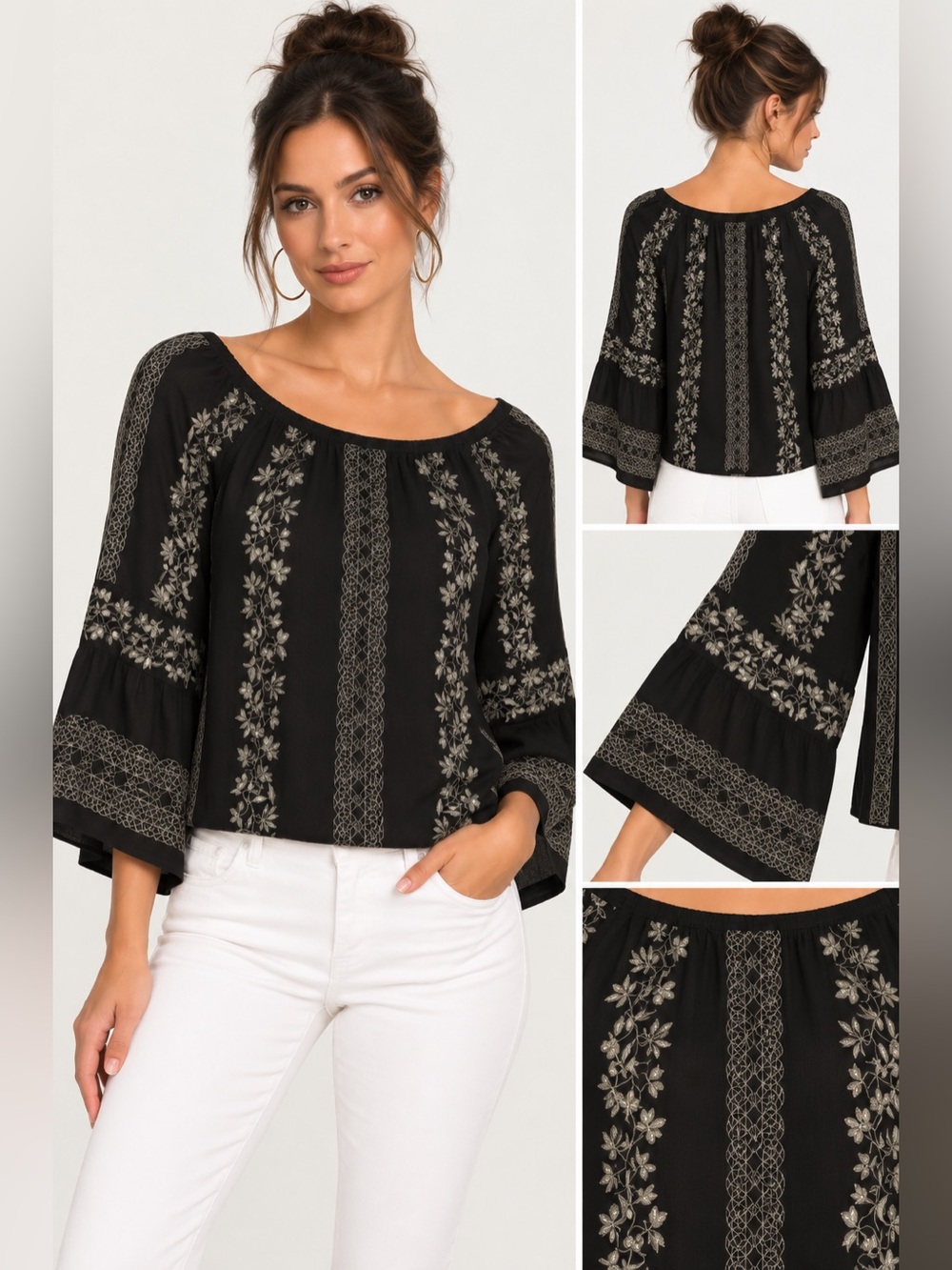 Hale Bob Embroidered Bell Sleeve Blouse